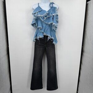 Marques’Almeida Luxury Frayed Ruffle Denim Top Light Blue Designer L NWT